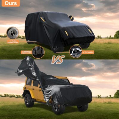 600D Waterproof Car Cover Custom Fit for Jeep Wrangler 4 Door (2007-2025) JL JK TJ YJ CJ, Outdoor Car Cover Waterproof All Weather for Automobiles Sun Rain Snow Protection with Door Zipper - Image 4