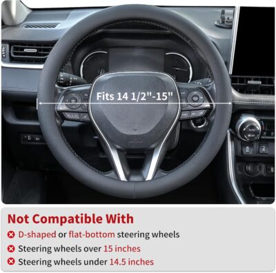 Uxcer Nappa Leather Steering Wheel Cover, Universal 14.5–15 Inch Non-Slip Breathable Steering Wheel Cover for Cars, Black - Image 2