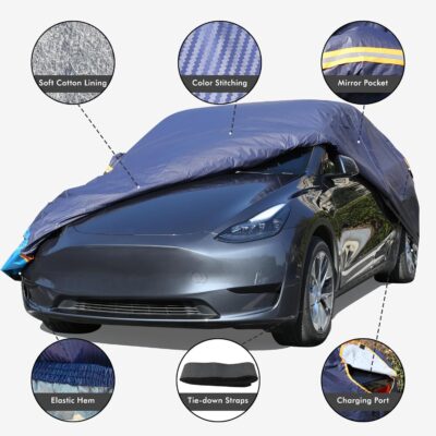 Tesla Model 3 Car Cover Waterproof All Weather, 6 Layers Outdoor Full Exterior Cover Rain Sun UV Snowproof Protection with Zipper Cotton, Mirror Pocket and Charging Port - Image 2
