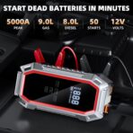 Jump Starter with Air Compressor, 5000A Peak Car Battery Jump Starter(9.0 Gas/8.0L Diesel), 160PSI 12V Jump Box Car Battery Jumper Starter Portable with Smart Jumper Cables, LED Lights, LCD Display - Image 2