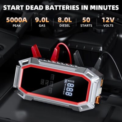 Jump Starter with Air Compressor, 5000A Peak Car Battery Jump Starter(9.0 Gas/8.0L Diesel), 160PSI 12V Jump Box Car Battery Jumper Starter Portable with Smart Jumper Cables, LED Lights, LCD Display - Image 2