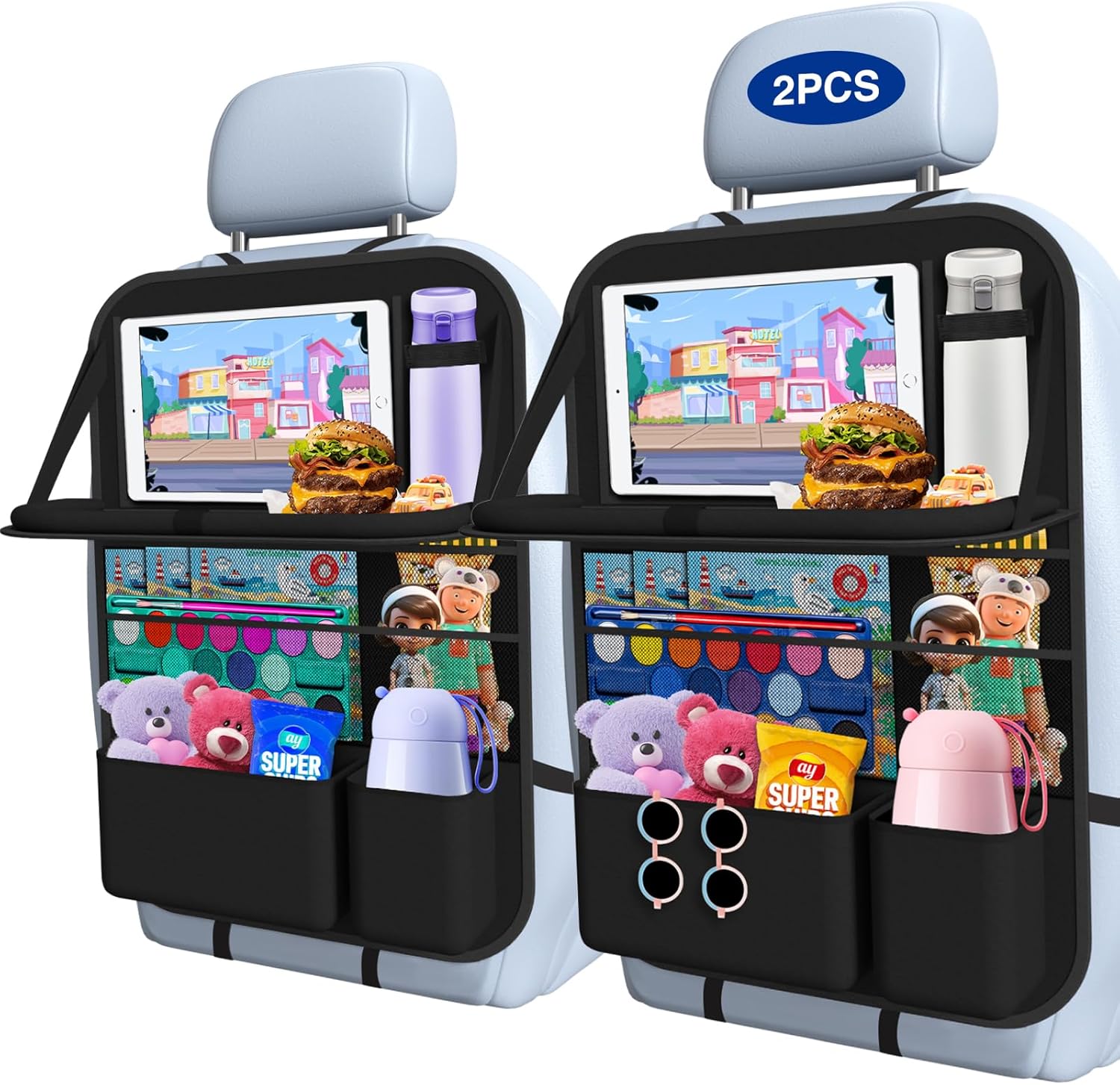 71WJNs1UbhL._AC_SL1500_.jpg Car Backseat Organizer with Table Tray(2-Pack) 9 Storage Pockets Backseat Car Organizer and storage with Tablet Holder, Kick Mats Back Seat Cover for Kids family Road Trip Essentials Travel - Image 1