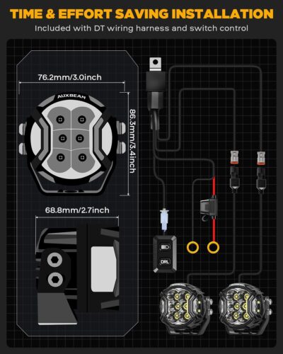 Auxbeam V-Ultra Series 3" 108W Side Shooter LED Pods with Amber DRL 3 Modes & Light Covers 270 Degree Wide Range 12800LM Round Offroad Driving Light Bar for Truck Jeep ATV UTV, Pair - Image 8