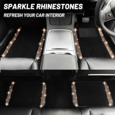 NBTEPEM 12 Pcs Bling Car Accessories Set for Women Car Floor Mats Full Set Steering Wheel Cover Seat Belt Covers Coasters Universal Fit Car SUV Truck Van Gold - Image 3