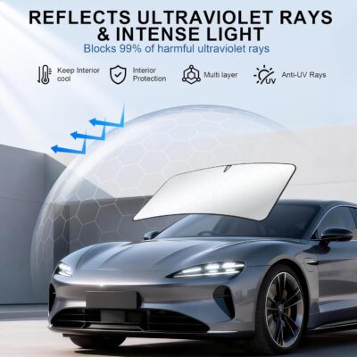 JUSTTOP Car Sun Shade Windshield - Foldable Sun Car Window Shield 300T Coated Silver Cloth Reflective Polyester Material Blocks 99% UV Rays, Fits Most Windshields(Large63 x 35 in) - Image 2