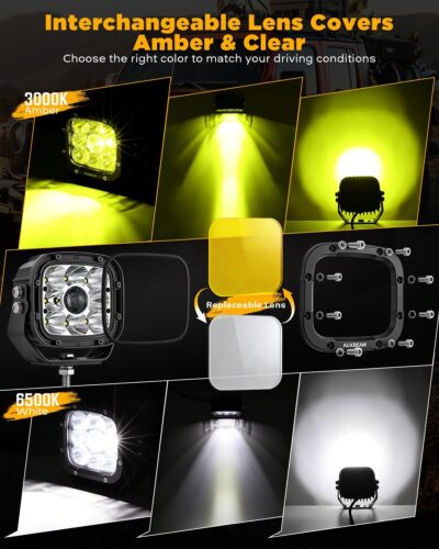 Auxbeam XP-Ultra Series 5" 110W LED Pod Lights, Hyper Spot Beam, Amber White Cube Offroad Lights, Dual Color Lens Covers, Off-Road Amber Fog Spotlight, Pair - Image 4
