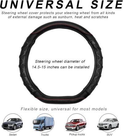 Car Steering Wheel Cover, 15 Inches Leather Comfy Grip Steering Wheel Protector with 3D Honeycomb, Anti-Slip D-Shaped Wheel Wrap Cover for Most Vehicles, Car Accessories (Black) - Image 2