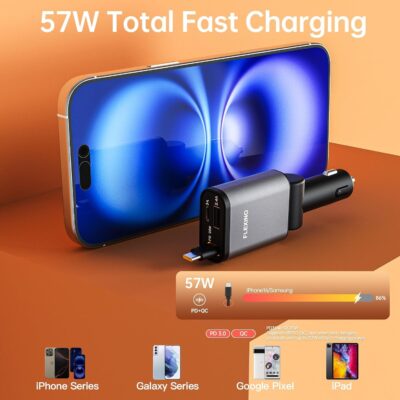 Flexino 【Ultra-Slim】 Retractable Car Charger for iPhone 17, Fast Charging Car Chargers, USB C Car Charger, Cigarette Lighter Adapter for iPhone 17/16/15/14/13/12 Series, Galaxy, Dark Gray, 1 Pack - Image 4