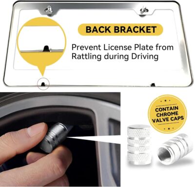 Premium Chrome License Plate Frames with 2 Anti-Scratch Pads & 4 Tire Valve Caps, Heavy Duty Rust-Free Chrome License Plate Frame 2 Pack for Women & Men, 2 Holes Universal Fit for Cars & Trucks - Image 3