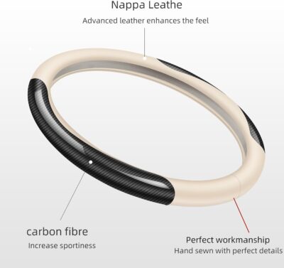 Nappa Leather car Steering Wheel Cover,Carbon Fiber Sports car Interior Non-Slip Ultrathin 15 inches Universal (White) - Image 3