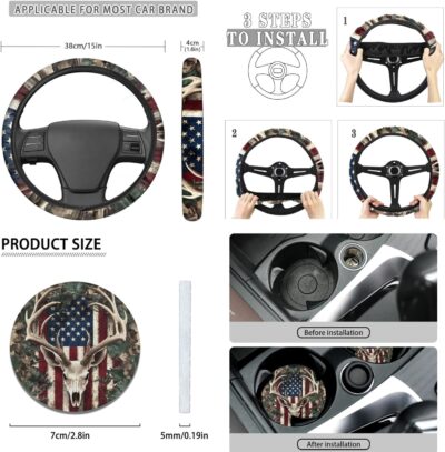 SEANATIVE Universal Fit Car Neoprene Steering Wheel Cover American Flag with Camo Deer Pattern 14-15 Inch Anti-Slip Wheel Protector for SUV Sedan Vans Trucks - Image 3