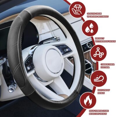 Car Steering Wheel Cover, Steering Wheel Protector, Durable Leather Cover with Anti-Slip Lining, Car Accessories 15 inch Microfiber Breathable Steering Wheels Fit for Most Vehicles (Black) - Image 3