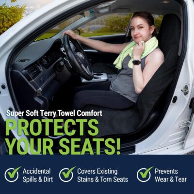 Season Guard Terry Cloth Sweat Towel Seat Cover; Carseat Towel Protector; Great for Gym Workout; Waterproof; Universal Fit for Car SUV Van Truck; EZ fit; Non Slip Grip; Machine Washable; 2pc Black - Image 2