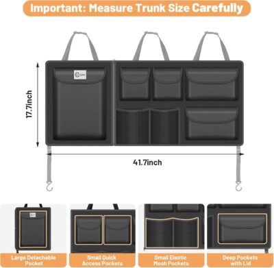 Detachable Hanging Trunk Organizer, Foldable Car Trunk Organizer Hanging for SUVs, Jeeps, Hatchbacks, Car Trunks Organiser with 7 Large Compartments - Image 3