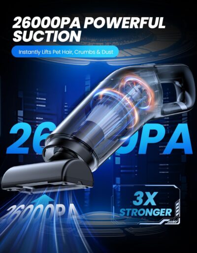Handheld Vacuum Cordless, 26,000 Pa High Power Suction, Portable Rechargeable Car Vacuum Cleaner for Home, Office, Pet Hair, Car Detailing, Black - Image 2