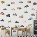 OLMIXA Watercolor Classic Car with Motorcycle Wall Decal, Vintage Schoolbus Bus Pickup Truck Wall Stickers, Vinyl Retro Vehicle Wall Art for Teenager Bedroom Boys Room Playroom Decor