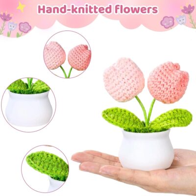 3 PCS Crochet Flower Pot,Crochet Tulip Small Potted Plants Handmade Knitted Flower Mothers Day Valentines Gifts Desk Car Dashboard Decor Gifts - Image 3