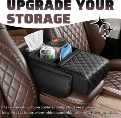 2026 New 5 in1 Car Armrest Storage Box,Multifunctional Leather Car Armrest Box Pad with Cup Holder & Phone Holder & Storage Bag,Comfortable Center Console Cover for Elbow Support - Image 3