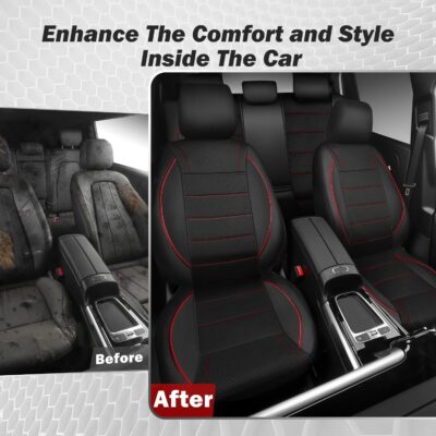 CAR PASS Mesh Leather Car Seat Covers Full Set,Breathable Mesh Faux Leather Seat Covers for Car, Universal Fit for SUV Truck Sedan Automotive, Airbag Compatible, Black and Red - Image 7