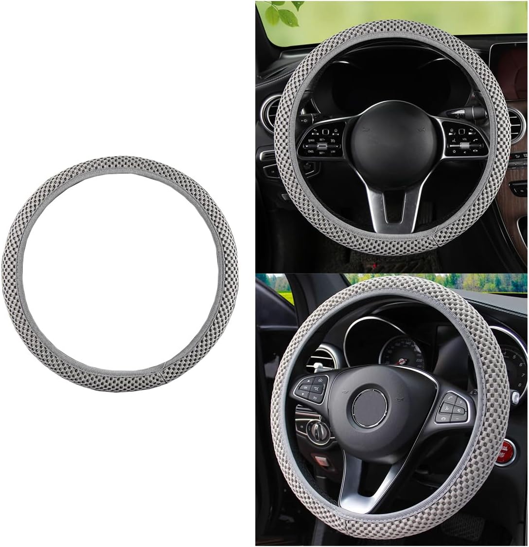 71YIV-2RJ8L._AC_SL1200_.jpg Stretch Elastic Steering Wheel Cover, All-Season Comfort, Warm in Winter & Cool in Summer, Universal 15 Inch Microfiber Breathable Ice Silk, Anti-Slip, Odorless, Easy Carry, Fit Car, SUV (Grey) - Image 1