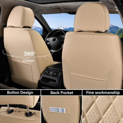 Coverado Car Seat Covers Full Set, Luxury Faux Leather Waterproof Seat Cover, 5 Seat Universal Seat Covers for Cars, Front and Back Car Seat Protector, Beige Leather Seat Cover Fit for Most Cars - Image 4