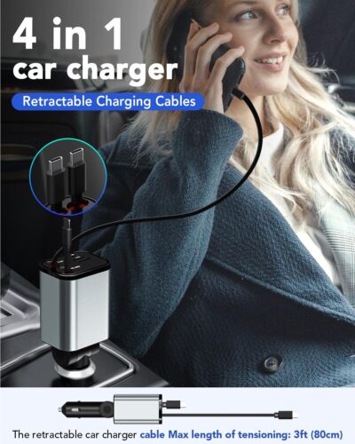 84W Upgraded Retractable Car Charger Adapter for iPhone 17,4 in 1 Fast Charging Car Phone Charger,USB C Car Truck Accessories,Road Trip Essentials Gift for Men for iPhone 17/16/15,Galaxy S26,Pixel 10 - Image 6