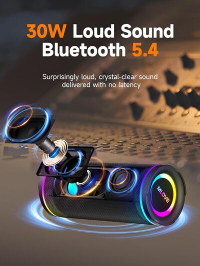 MLOVE E80 Speakers Bluetooth Wireless, Portable Bluetooth Speaker with Aux Input, Micro SD Card Slot, Bass Up, TWS, RGB Lights, IPX7 Waterproof, BT5.4 for Outdoor, Car Music, Beach, Gifts, 30W, Black - Image 2