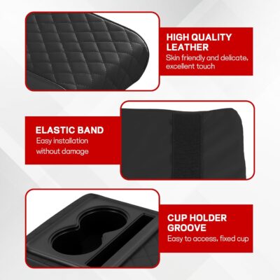 Car Center Console Armrest Pillow, 13.19"×7.87" Leather Car Arm Rest Cover, Memory Foam Auto Armrest Cushion with Cup Holder Phone Slot, Universal Vehicle Middle Console Cushion Pad (Black) - Image 3