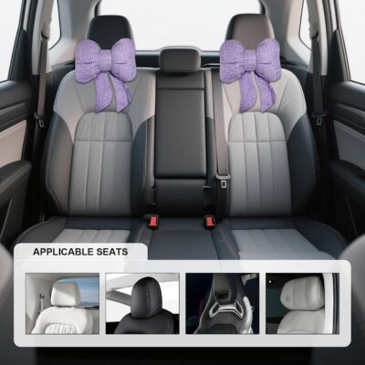 Bow Car Headrest Pillow, Bow-Shaped Car Headrest Cushion Cute Interior Decor with Elastic Buckle, Breathable Comfortable Seat Neck Support Pillow for Auto Office Travel (Purple) - Image 4