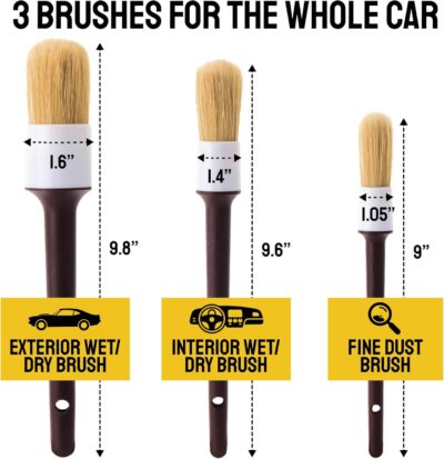 Car Detailing Brush Set 3-pc - Scratch-Free Boars Hair for Interior and Exterior Work - Pro Quality Car Cleaning Brush Kit for Leather Seats, Dashboards, Wheels, Grills and Paint - Image 3