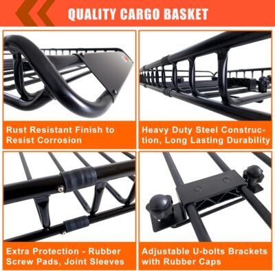 MeeFar Roof Rack Carrier Carrier Basket 51"*36"*5"+Waterproof Bag 15 Cubic Feet(44"*34"*17"),and Cargo Net with Attachment Hooks,Ratchet Straps.200 Lbs Capacity,Universal Rooftop Large Size Roof Rack - Image 5