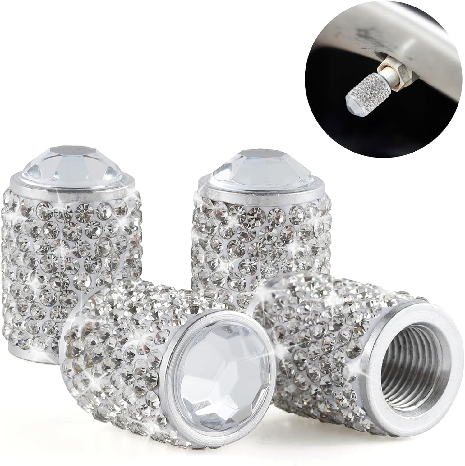 71ZS4IJugRL._AC_SL1500_.jpg Alpmosn Car Wheel Tire Valve Caps, 4 PCS Bling Tire Valve Caps, Crystal Tire Caps Shinny Rhinestone for Women, Universal Car Dustproof Tire Valve Caps for Cars, Trucks, SUV and Motorcycles (White) - Image 1