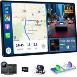 Wireless Carplay 11.3" A pple Carplay Screen for Car with 4K Dash Cam 1080P Backup Camera, Car Stereo for Carplay & Android Auto GPS Navigation/Bluetooth/Mirror Link/Voice Control/AUX/FM/Siri