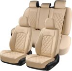 Coverado Car Seat Covers Full Set, Luxury Faux Leather Waterproof Seat Cover, 5 Seat Universal Seat Covers for Cars, Front and Back Car Seat Protector, Beige Leather Seat Cover Fit for Most Cars