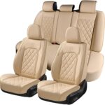 Coverado Car Seat Covers Full Set, Luxury Faux Leather Waterproof Seat Cover, 5 Seat Universal Seat Covers for Cars, Front and Back Car Seat Protector, Beige Leather Seat Cover Fit for Most Cars