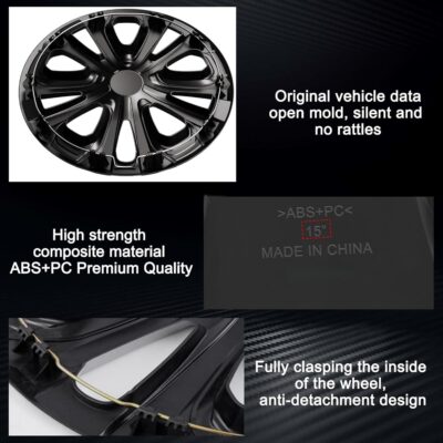 15-inch Hubcaps Wheel Covers Fit for 2016-2022 Toyota Prius & 2017-2022 Prius Prime & 2020-2024 Corolla Hybrid Wheel Rim Covers, Snap On Installation; Set of 4 Pcs (Glossy Black) - Image 4