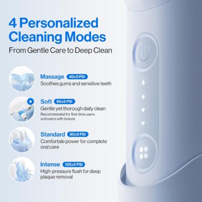 usmile C10 Portable Water Flosser – Travel-Friendly, 95-Day Battery, 4 Modes, 360° Nozzle, 180ml Tank, IPX7 Waterproof, Dentist-Recommended for Braces, Implants & Sensitive Gums (Blue) - Image 4