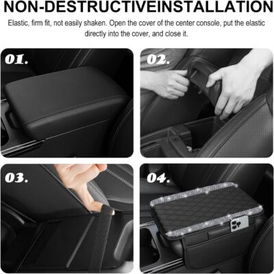 NBTEPEM Bling Car Center Console Cover, Leather Car Arm Rest Cover Cushion with 2 Storage Bags, Universal Auto Armrest Protector Storage Box, Bling Accessories Interior for Most Vehicles (Silver) - Image 5