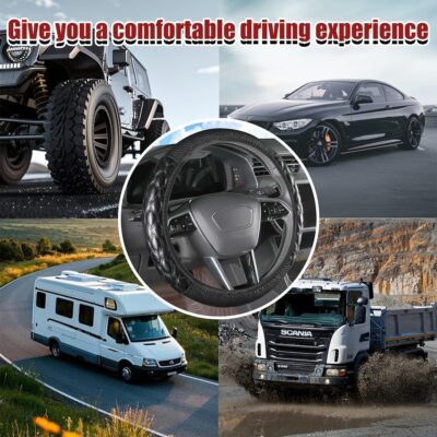 Car Steering Wheel Cover, 15 inch Elastic PU Leather Non-Slip Vehicle Steering Wheel Protector, Breathable Automotive Interior Accessories, Universal for SUV, Truck, RV (Black) - Image 3
