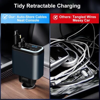 5-in-1 120W 30-Minutes Fast Flash Charging Retractable Car Charger, Wireless Bluetooth FM Transmitter, Type-C+USB-A Car Charger Adapter, Compatible with iPhone 17/16/15/14/13 Pro Max & Android Devices - Image 6