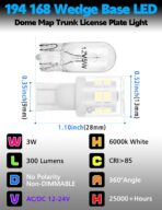 T10 194 168 LED Dome Light Bulbs, 300lm 6000K White Super Bright 2825 W5W LED Interior Bulbs, 3w AC/DC12V-24V T10 Wedge for RV Car Dome Map Door Courtesy Trunk License Plate Light, Non-Dimmable, 2pcs - Image 2