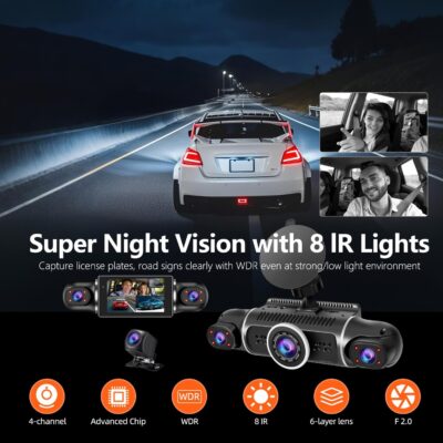 360° Dash Cam Front and Rear View 4 Channel Dash Camera FHD 2K+1080Px3 for Car, Inside/Back 170°+2x150°+170° Wide Angle, 8 IR Lamps Night Vision,WiFi,GPS, APP,G-Sensor with 64GB Card,24/7 Parking Mode - Image 5