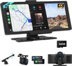 Portable Apple CarPlay Screen for Car, 10.26“ Wireless CarPlay & Android Auto Touch Screen Voice Control Navigation, 4K Dash Cam & 1080P Backup Camera DVR Recording Plug & Play for Car Truck