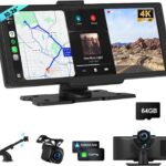 Portable Apple CarPlay Screen for Car, 10.26“ Wireless CarPlay & Android Auto Touch Screen Voice Control Navigation, 4K Dash Cam & 1080P Backup Camera DVR Recording Plug & Play for Car Truck