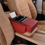 HZEL Car Center Console Cover, Leather Vehicle Armrest Cushion with Storage Bags, Cup Holder ＆ Tissue Box, Waterproof Auto Interior Arm Rest Seat Box Pad, Universal Fit (Wine Red)