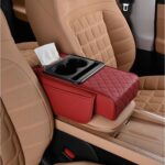 HZEL Car Center Console Cover, Leather Vehicle Armrest Cushion with Storage Bags, Cup Holder ＆ Tissue Box, Waterproof Auto Interior Arm Rest Seat Box Pad, Universal Fit (Wine Red)
