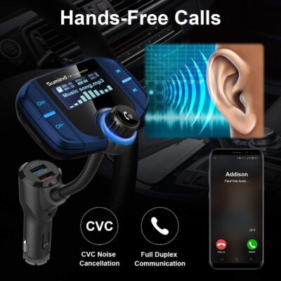Sumind 2026 Upgraded Wireless Bluetooth Car Adapter FM Transmitter, 1.7'' LCD Display, Flexible Gooseneck, 20W QC3.0&Dual USB Ports, AUX Input/Output for Hands-Free Call, Micro/TF Card(Blue,Normal) - Image 5