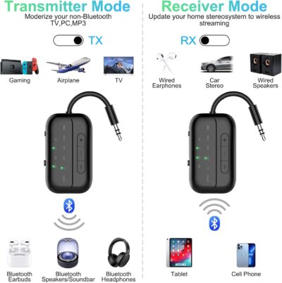 Bluetooth Transmitter Receiver, 2-in-1 V5.3 Wireless Adapter for Airplane, TV, PC, Gym, Switch. Supports up to 2 AirPods/Headphones. Audio Receiver for Car/Home Stereo,with AptX Low Latency & HD - Image 2