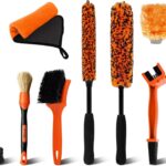 YeewayVeh 7PCS Motorcycle Cleaning Kit with 2-Size Bendable Wheel Brushes-Hard Reach Brush,Tire and Chain Brush, Boar Hair Detailing Brush, Wash Mitt & Microfiber Towel for Dirt Bike & Car Wheels