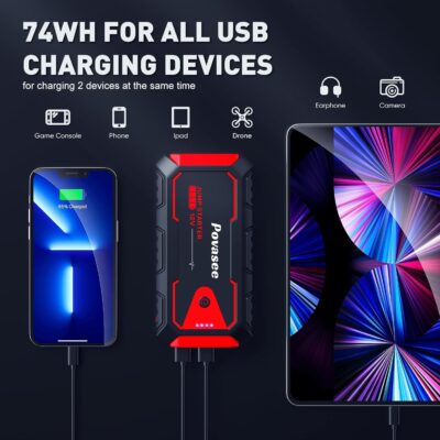 Povasee Jump Starter 5000A Car Jumper Starter, Model A30 12V Jump Box for Car Battery up to 10L Gas or 8L Diesel Engine Battery Jumper Starter Portable with Power Bank/Dual Output/LED Light - Image 4